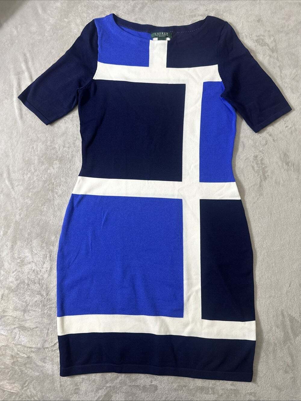 Lauren Ralph Lauren Women’s Medium Colorblock Blue White Knit Sheath Dress